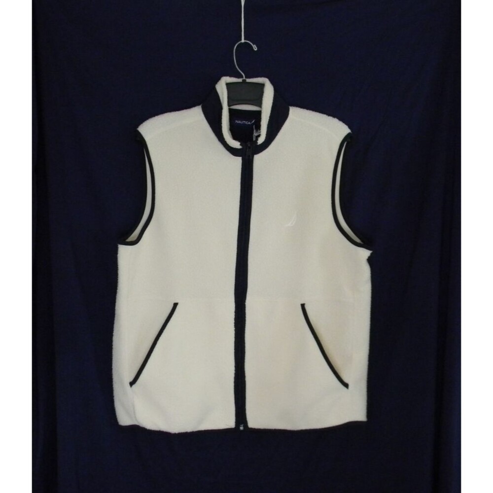 Nautica Nautex Fleece Cream and Navy Vest Full Zip Pockets Size Med NWT